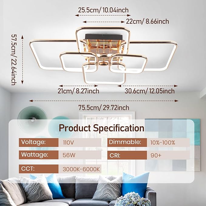 72W Modern LED Ceiling Light 6-Square Dimmable Ceiling Light Fixtures with Remote 3000K-6000K Gold Close to Ceiling Lights Flush Mount Ceiling Lamp for Bedroom Living Room Dining Room
