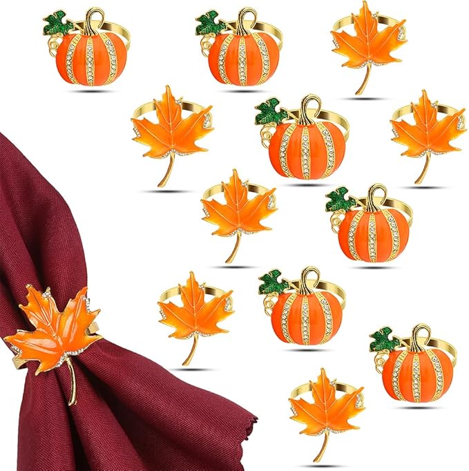 KPOSIYA 24 Pcs Fall and Christmas Napkin Set - 12 Thanksgiving Rings and 12 Cloth Napkins - Maple Leaf and Halloween Pumpkin Holders for Table Decorations