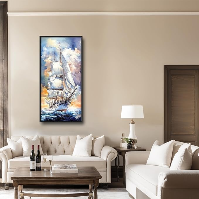 Lovira Nautical Sailboat Large Wall Art Sailing Ocean Coastal Canvas Wall Decor Seascape Pictures Prints Painting Framed Vertical Artwork for Living Room Bedroom Bathroom Kitchen Office 30"x60"