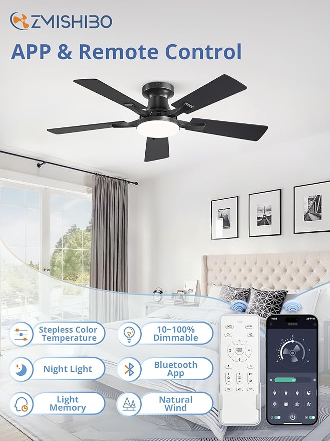 ZMISHIBO 42 Inch Ceiling Fan with Light, App&Remote Control, Flush Mount Low Profile, Dimmable 20W LED Light, Quiet Reversible Motor for Bedroom, Living Room, Apartment, Black