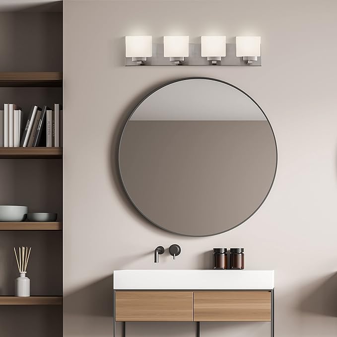 Design House 578013 Dove Creek Vanity Light Dimmable with Frosted Glass for Above Bathroom Mirror, Satin Nickel, 4-Light
