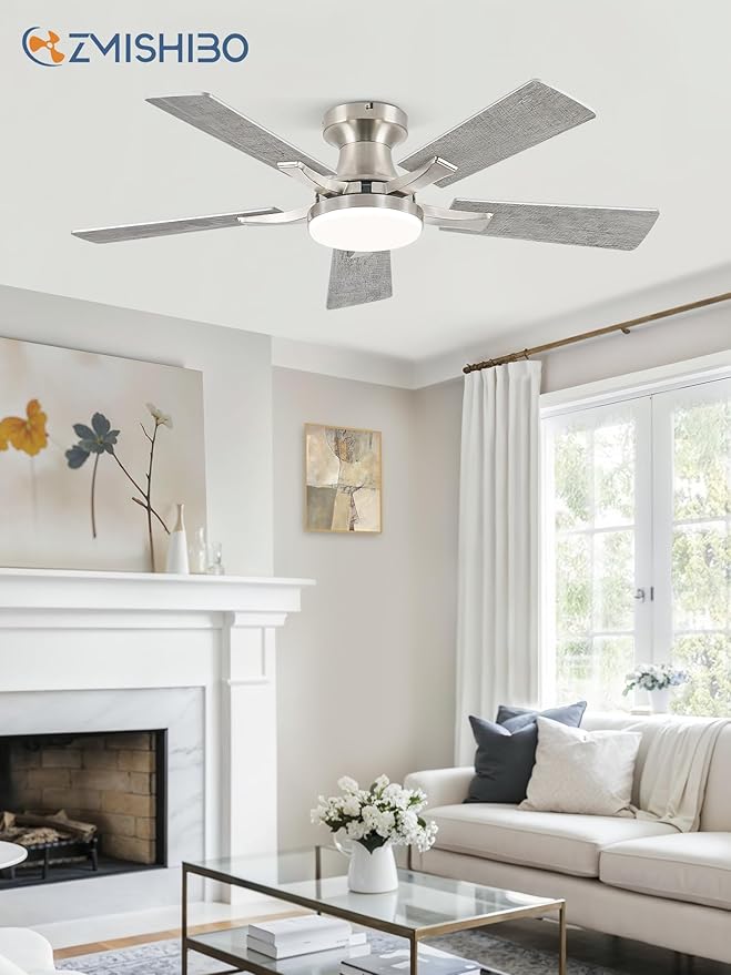 ZMISHIBO 42 Inch Ceiling Fan with Light, App&Remote Control, Flush Mount Low Profile, Dimmable 20W LED Light, Quiet Reversible Motor for Bedroom, Living Room, Apartment, Nickel
