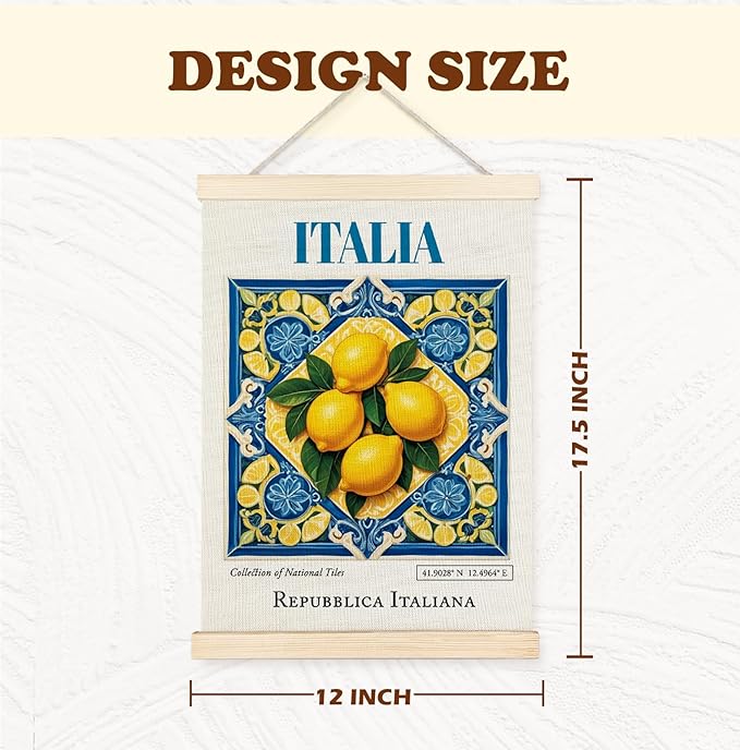 Yomisex Italia Tile Lemon Wall Art Poster, Traditional Republica Italiana Ceramic Tiles Lemons Aesthetic Canvas Prints Wall Art Framed for Home Kitchen Dining Room Decor, 12x16 Inch