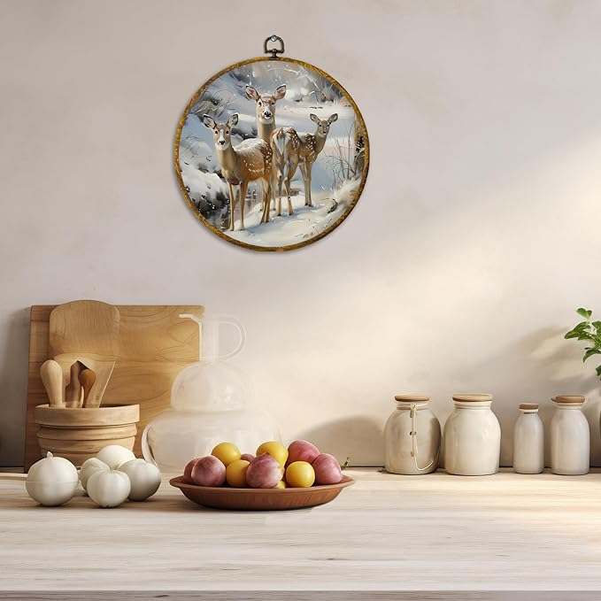 CUANFDDSF Vintage Winter Deer Round Wall Art Decor, Rustic Christmas Winter Deer Wall Hanging Frame Decor, Antique Retro Farmhouse Canvas Prints Decorations for Home Bedroom Living Room, 10x10 Inch