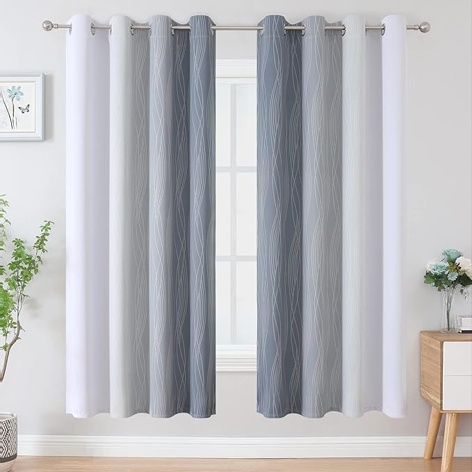 Estelar Textiler Full Room Darkening Greyish White and Grey Blackout Curtains 72 Inch Length 2 Panels Set, Ombre Thermal Insulated Full Light Blocking Grommet Gray Blackout Drapes for Bedroom, 52Wx72L