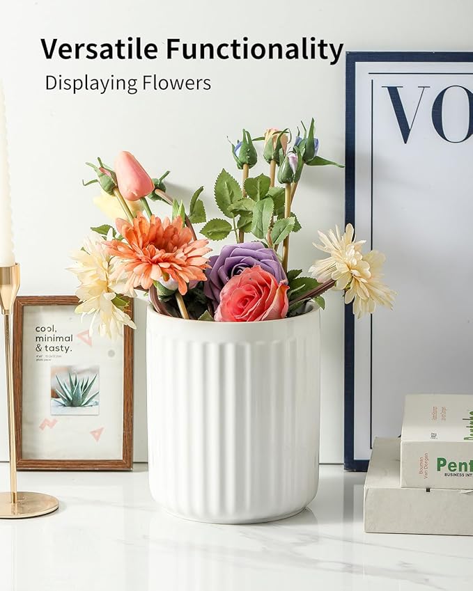 Hasense Utensil Holder, 7.3” x 6.2” Farmhouse Utensil Holder for Kitchen Countertop, Ceramic Cooking Utensil Crock, Kitchen Utensil Organizer for Wedding Gift, Spatula Holder for Counter, White