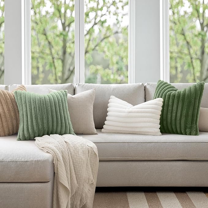 MIULEE Faux Fur Decorative Throw Pillow Covers 20x20 Inch Set of 2, Modern Spring Home Decor Soft Plush Couch Pillows Cozy Fluffy Cushion Covers for Sofa Bed Moss Green