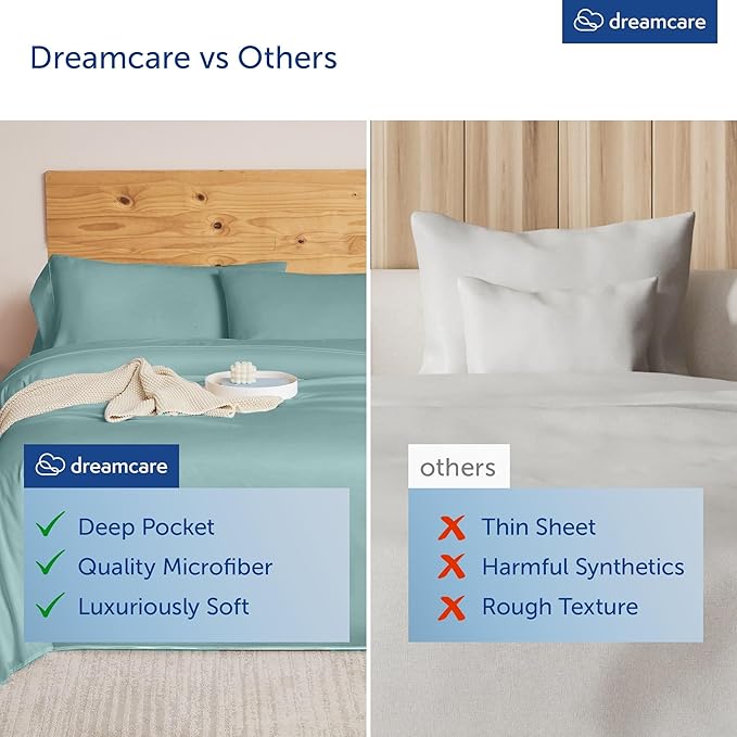 DREAMCARE Queen Sheet Set – 6 pcs Cooling Bed Sheets – up to 15” Deep Sheets Queen Size Bed Set – 2500 Supreme Collection – Extra Soft 100% Brushed Microfiber Hotel Luxury with Side Pocket – Spa Blue