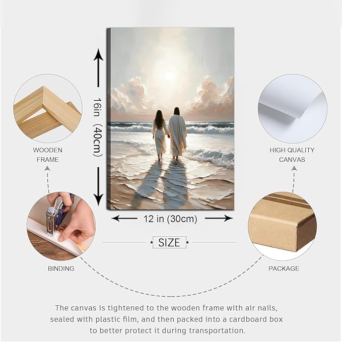 Jesus Canvas Wall Art and Woman Walking on Water Religious Coastal Wall decor pictures Christian Painting poster prints for living room bedroom Home Decoration Ready to hang (12inx16in Canvas)