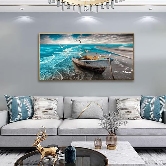 Ocean Canvas Wall Art Prints Waves Seascape Paintigns Boat Seagulls Beach Wall Decor for Living Room Bedroom Natural Scenery Artwork 20 * 40inch