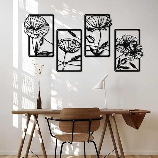 Ouqiesli Metal Flowers Wall Art Set of 4, Black Framed Floral Decor for Living Room, Bedroom, Bathroom, Hallway, Minimalist Home Decor - 15.75″ x 9.5″