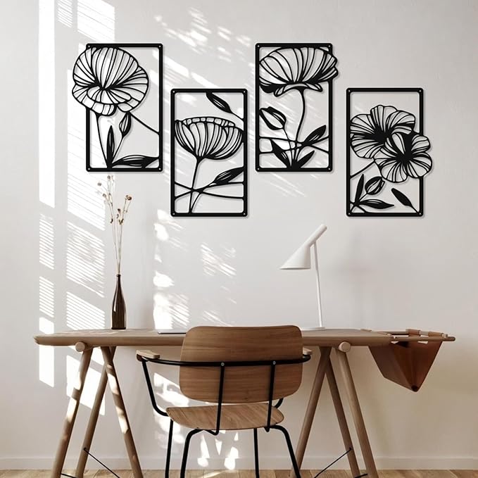 Ouqiesli Metal Flowers Wall Art Set of 4, Black Framed Floral Decor for Living Room, Bedroom, Bathroom, Hallway, Minimalist Home Decor - 15.75″ x 9.5″