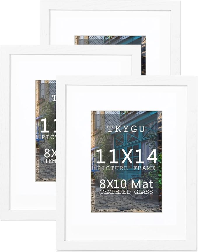 11x14 White Picture Frame with mat 8x10 set of 3, Minimalist 11x14 Poster Frame, Modern Style Wood Composite frames Tempered Glass for Wall Art Photo and Prints for Home Decor Gifts