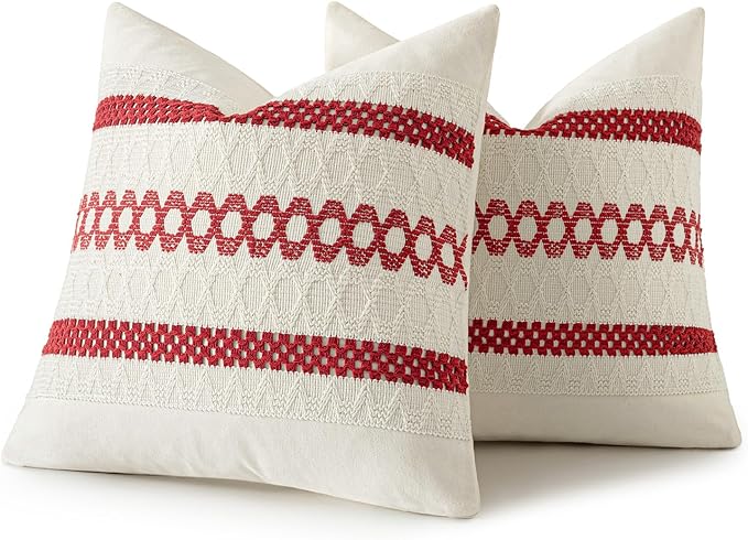 MIULEE Set of 2 Christmas Red Boho Decorative Pillow Covers 20x20 Inch Farmhouse Rustic Couch Throw Pillows Modern Cotton Cushion Covers Retro Cute Macrame Woven Home Decor for Bed Sofa Chair