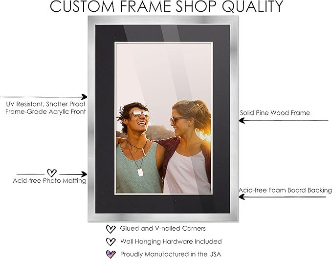10x15 Frame Silver Wood with Black Mat | 12x17 Frame Matted to 10x15 | Display Your Photo Under UV Acrylic Shatter Guard Front, with Foam Board Backing and Wall Hanging Hardware - Solid Wood Frame