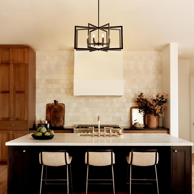 26'' Black Chandelier, Modern Farmhouse 8-Light Pendant Lighting Fixture for Dining Living Room Kitchen Entryway, Geometric Metal Large Adjustable Hanging Chandelier Lamp