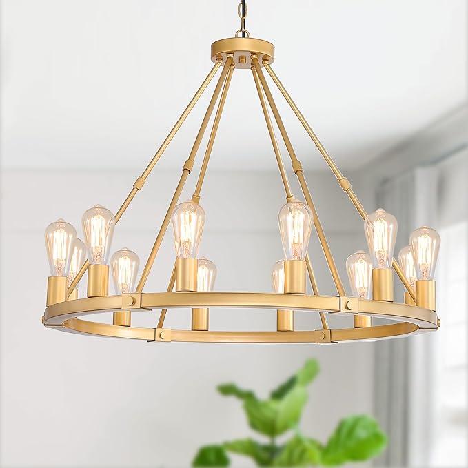 9MMML Gold Wagon Wheel Chandelier, 12-Light Industrial Pendant Light, 31.5'' Farmhouse Ceiling Hanging Chandelier Light Fixture for Living Room, Bedroom, Entryway, Foyer