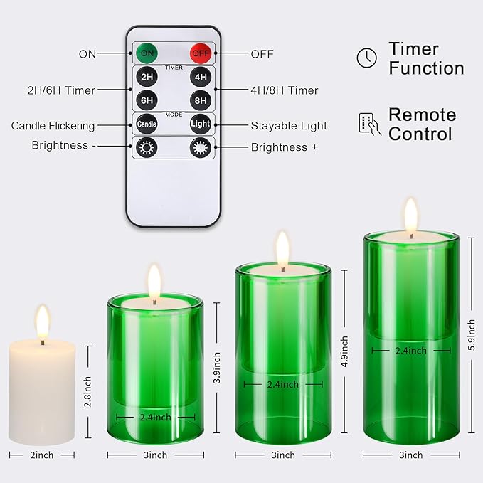 NURADA Flameless Candles with Remote Timer - Glass Holder Real Wax 3D Wick LED Pillar Votive Candle Set Battery Operated Flickering Light for St Patricks Day Home Decor-Green 3 Pack