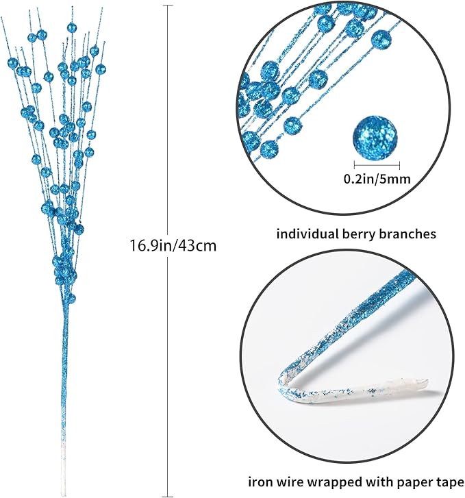 Christmas Artificial Glitter Berry Stem Decorations Decorative Bead Sticks Xmas Picks Glittery Twigs Branches for Christmas Tree Wreath Gift Vase Home Decor Party Ornaments Blue 24 PCS