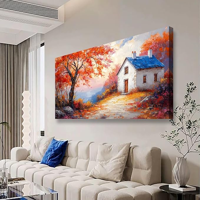 Autumn Scenery Canvas Wall Art Bedroom Wall Decor Living Room,Abstract Wall Art Office Paintings Artwork Modern Abstract Village House Red Tree Pictures Art Prints Ready to Hang-20x40inch