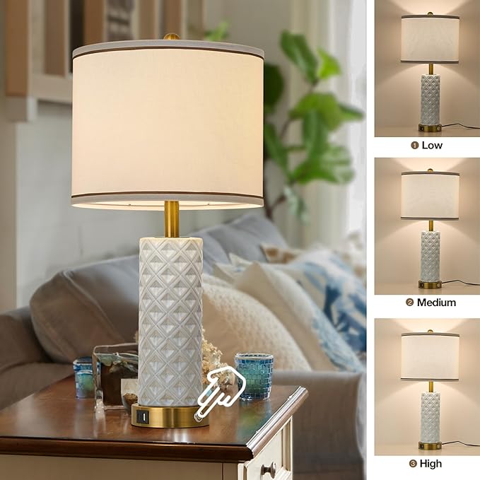 Set of 2 Table Lamp for Living Room Bedroom Farmhouse,26'' Touch Control Bedroom Ceramic Lamps 3-Way Dimmable Bedside Lamps with USB A+C Ports Linen Shade for Home(2 Bulbs Included)
