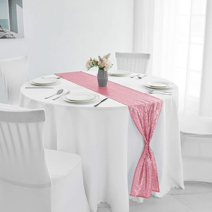 10 Packs 12 x 108 inches Rose Pink Sequin Table Runner, Glitter Pink Table Runner for Wedding Birthday Bachelorette Holiday Party Supplies Decorations Bridal Shower Baby Shower