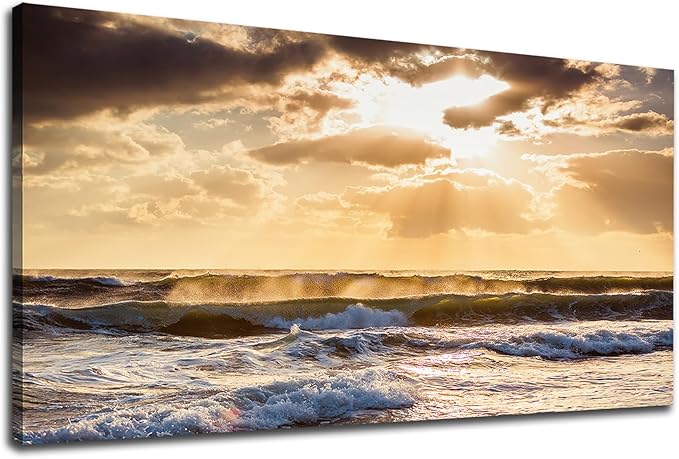 Sunset Ocean Canvas Wall Art - Ocean Waves Wall Decor Glow Sea Scene Picture Painting Nature Landscape Prints Sunset Over the Ocean Painting Artwork Living Room Bedroom Office Home 20" x 40"
