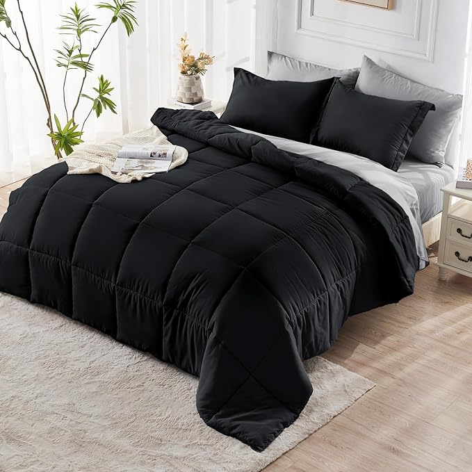 JOLLYVOGUE Twin Comforter Set, Ultra-Soft Bed in a Bag Twin Size 5 Pieces, Oeko-TEX Certified Bedding Set with Down Alternative Comforter, Sheets, Pillowcases & Shams, Black & Light Grey
