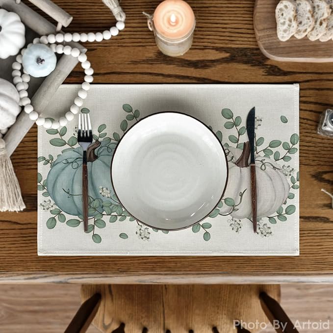 Artoid Mode Pumpkins Eucalyptus Leaves Fall Placemats Set of 4, 12x18 Inch Autumn Thanksgiving Holiday Table Mats for Party Kitchen Dining Decoration