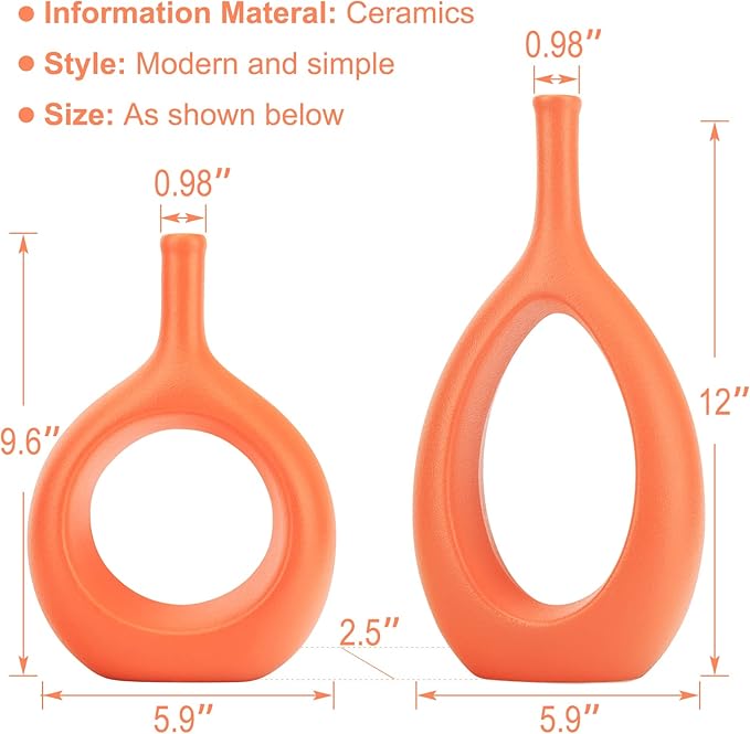 Orange Ceramic Hollow Elliptical Vase Set of 2 - Boho Circle Vase with Hole, for Modern Orange Table Decor, Living Room Decor Shelf mid Century Modern Home Entrance Decorative vase
