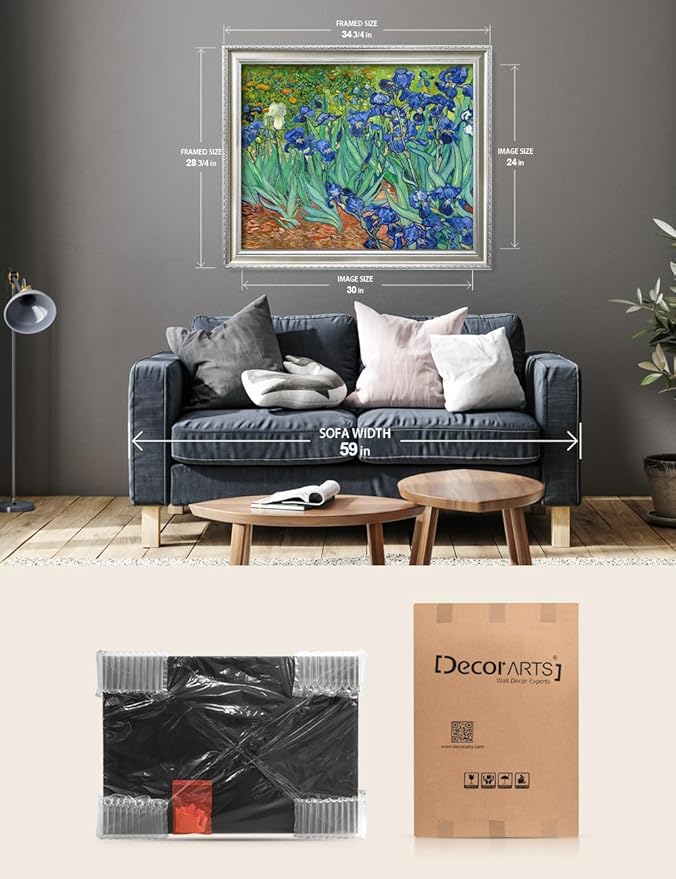 DECORARTS - Irises in the Garden by Vincent van Gogh, Museum-Quality Giclee Canvas Print with Silver Solid Wood Frame, 34.75 x 28.75 in, Ready to Hang, Made in USA