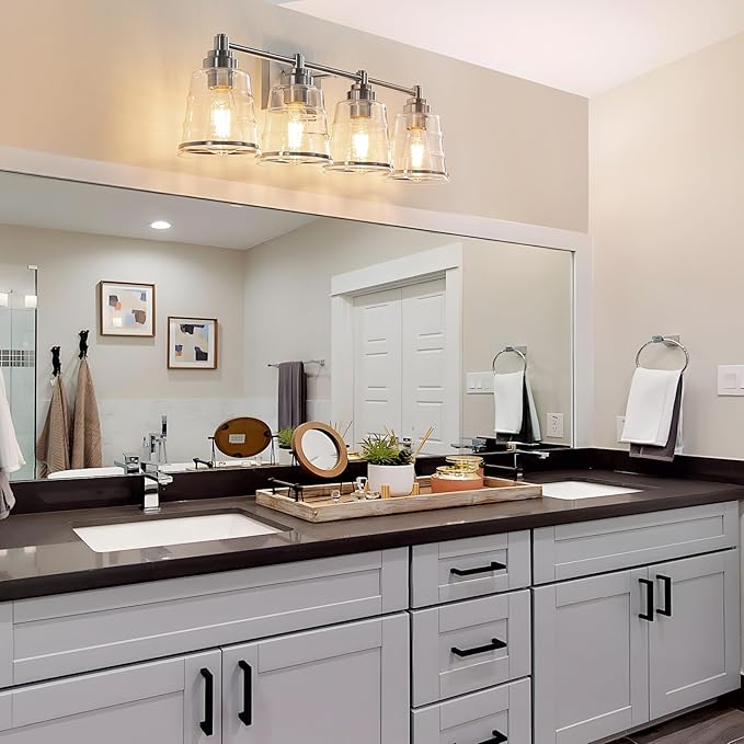 Brushed Nickel Bathroom Vanity Light Fixture, 4 Light Bathroom Light Fixtures Over Mirror with Clear lampshade and Metal Base Sconce,29.1 inch Modern Vanity Light for Bathroom(Exclude E26 Bulb)