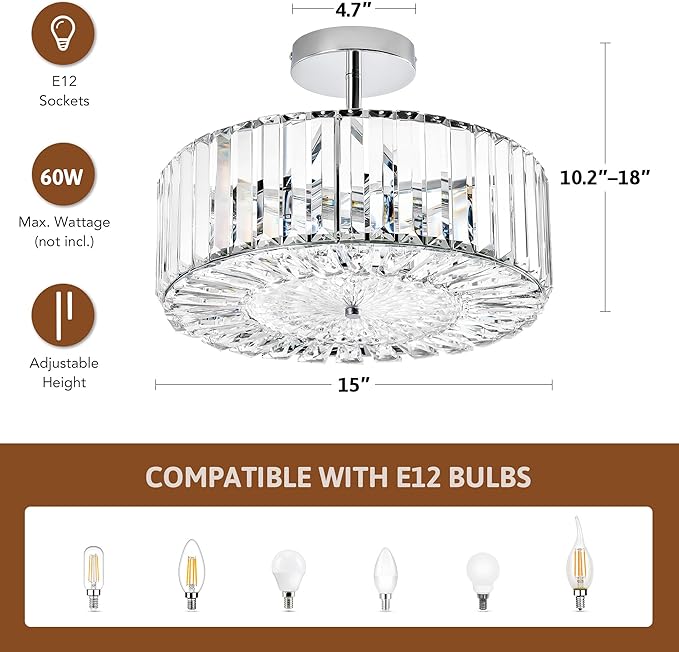 VONLUCE Crystal Light Fixture, Modern Semi Flush Mount Ceiling Light, 15" Round 4-Light Crystal Chandelier Hallway Lighting for Kitchen Bedroom Living Room Dining Room Entryway Closet, Nickel