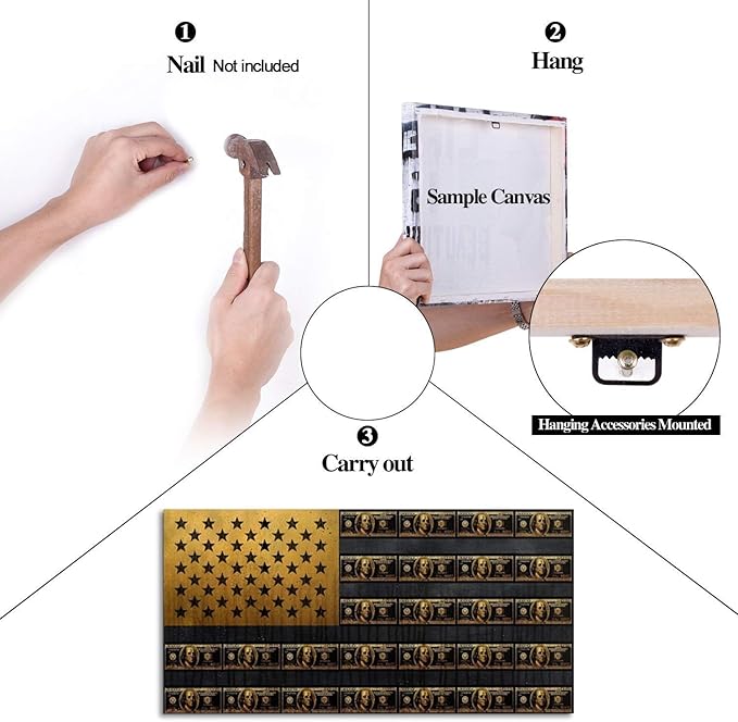 Abstract Dollars Creative USA Flag Wall Art Golden Vintage Bill American Flag Creative Inspirational Framed Posters Prints Paintings Artwork for Home Walls Guest Roomm Study Room Gym Decor-40"Wx20"H