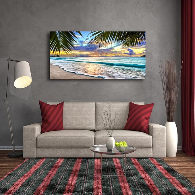 Beach Pictures Canvas Wall Art for Living room Bedroom Wall Decor,Sunset and Beautiful clouds Wall Art Print Paitnings for home Decor,Morden Artwork Waves Canvas Art Waterproof Stretched Ready to