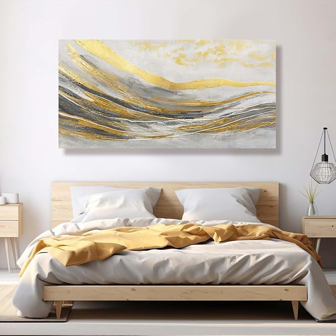 White Line Wall Paintings Modern Wall Art Gold Foil Photo Prints 29"x58" Large Dining Room Wall Decor Posters for Bedroom