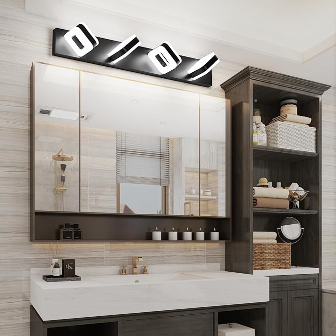 Tipace Black Bathroom Vanity Lights 4 Lights LED Modern Black Bathroom Light Fixture Over Mirror Acrylic Wall Lighting (White Light 5500K) with Rotatable Vanity Lights Heads