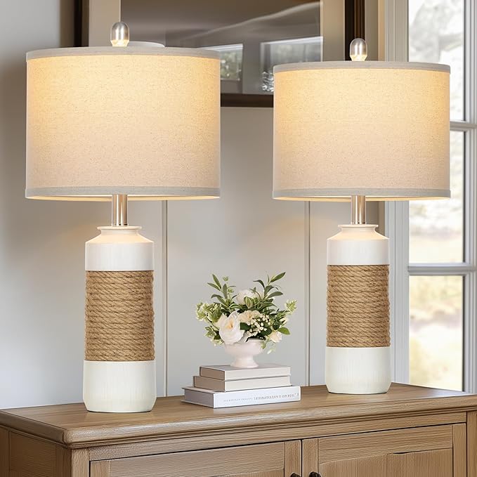 Boho Table Lamps for Bedroom Nightstand 25.5" Farmhouse Bedside lamp Set of 2,Rattan Lamps Cottage Lamps for Living Room End Table Side Table (Include Bulbs)