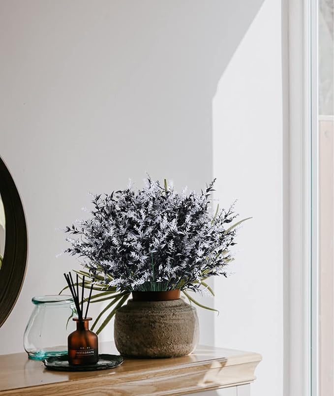 RECUTMS Black Flower,Black Fake Plants Decor,20 Bundles Artificial Flowers Fake Outdoor Plants Faux UV Resistant Lavender Flower Plastic Shrubs Indoor Outside Hanging Decorations (Black+White)