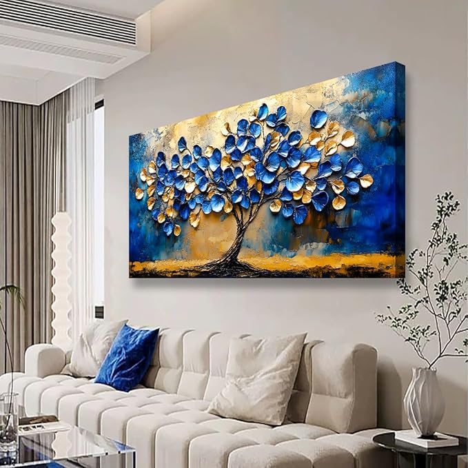 Abstract Tree Canvas Wall Art Bedroom Wall Decor Living Room,Blue and Gold Leaf Wall Art Office Paintings Artwork Modern Ginkgo Tree Leaves Pictures Art Prints Waterproof Ready to Hang-20x40inch