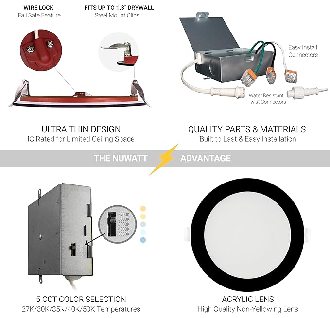 NUWATT 12 Pack, 6 Inch 2 HOUR FIRE RATED LED Recessed Lighting, Selectable 2700K/3000K/3500K/4000K/5000K, 1200 Lumen, Dimmable Wafer Lights, IC Rated, Canless Black LED Ceiling Light, No Tenmat Needed