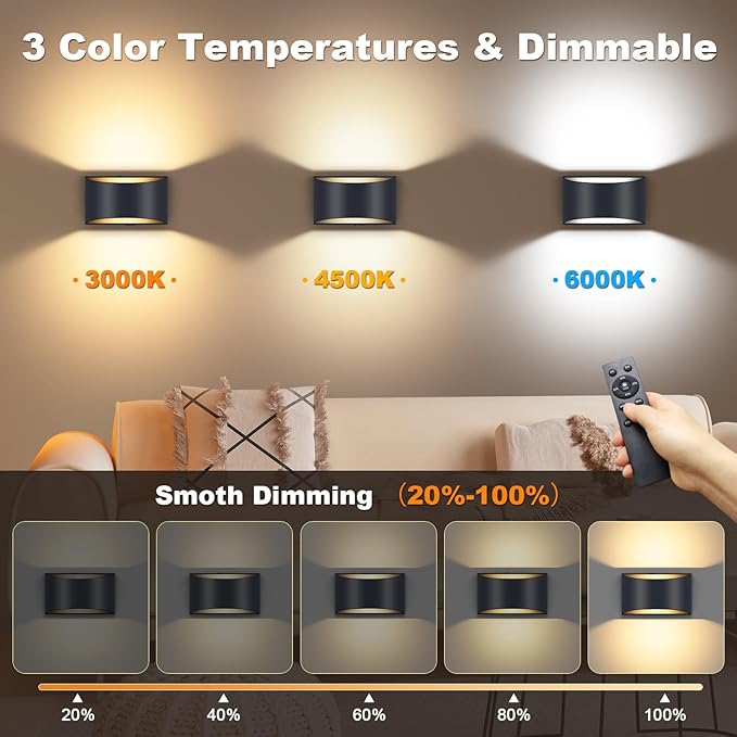Battery Operated Wall Sconces Set of 4, Black Rechargeable Wireless Remote & Touch Control Wall Lamps, 3 Color Temperatures, Timer Cordless Dimmable Light for Bedroom, Living Room, Hallway