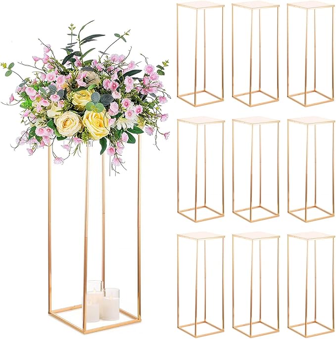Sziqiqi Floor Vase Table Centerpieces for Reception - 10 Pcs Metal Column Geometric Flower Stand with Plates 31.5in Gold Tall Flower Display Rack Decorations for T-Stage Wedding Party Event