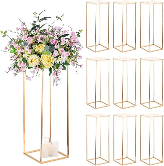 Sziqiqi Floor Vase Table Centerpieces for Reception - 10 Pcs Metal Column Geometric Flower Stand with Plates 31.5in Gold Tall Flower Display Rack Decorations for T-Stage Wedding Party Event