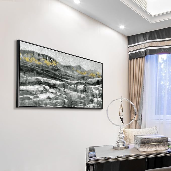 Black Framed Wall Art for Living Room Abstract Mountain & Sea Nature Landscape White Ocean Waves Picture Modern Minimalist Textured Seascape Painting Coastal Canvas Print Neutral Artwork 24x48inch