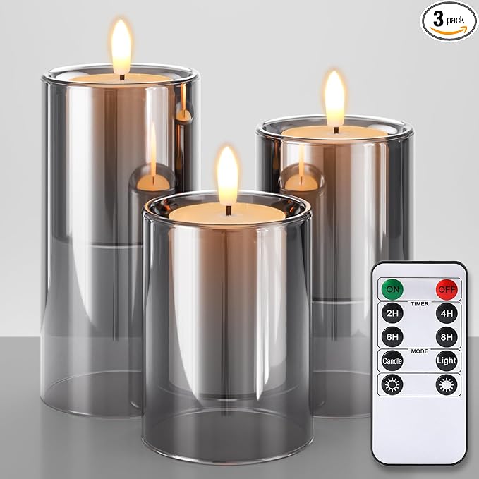 NURADA Flameless Candles with Remote Timer - Glass Real Wax 3D Wick LED Pillar Votive Candle Set Battery Operated Flickering Light for Home Christmas Decoration -Grey 3 Pack