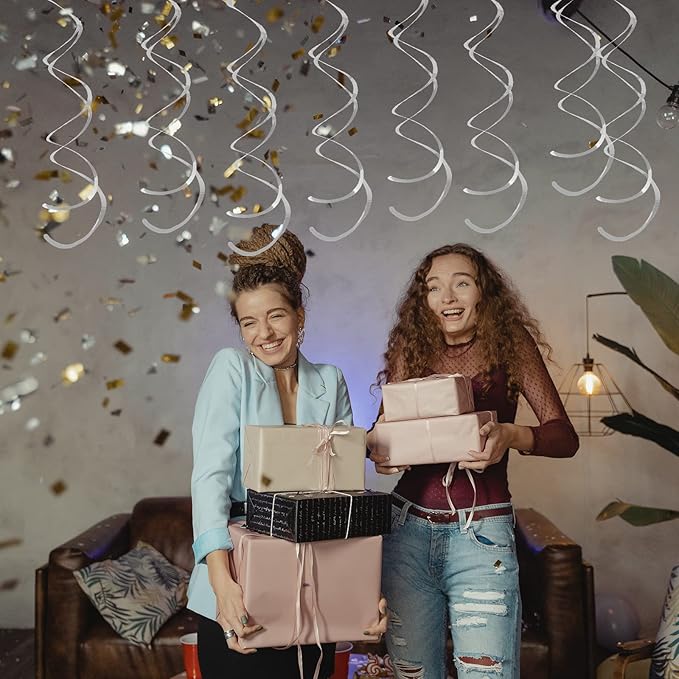 30 Pieces Silver Party Swirl Decorations Foil Swirl Hanging Decoration Plastic Streamer for Ceiling, Whirls Decorations for Birthday Wedding Anniversary Party Decorations