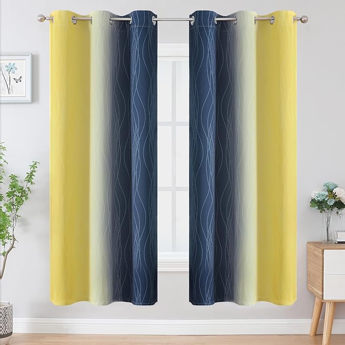 Estelar Textiler Navy Blue and Yellow Ombre Blackout Curtains for Living Room, Full Room Darkening Grommet Curtains for Bedroom, Thermal Insulated Light Blocking Gradient Drapes, 42Wx72L, 2 Panels