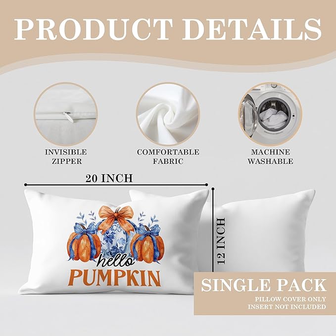 Chinoiserie Fall Hello Pumpkin Pillow Covers 20x12,Autumn Decor,Blue and White Orange Chinoiserie Pumpkin Decorative Throw Pillow Covers for Home Bedroom Living Room