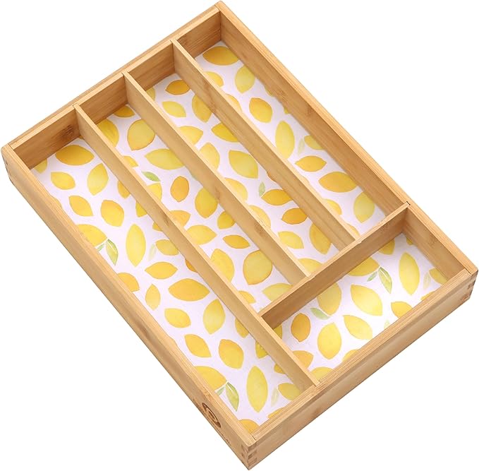 Kitchen Drawer Organizer - Silverware Organizer for Kitchen Organization & Storage, Utensil Holder & Bamboo Organizer for Kitchen Drawers, Kitchen Essentials, 5-Slot, Lemon Print